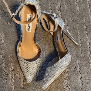 Steve Madden Silver Crystal Pointed Toe Ankle Strap Heels